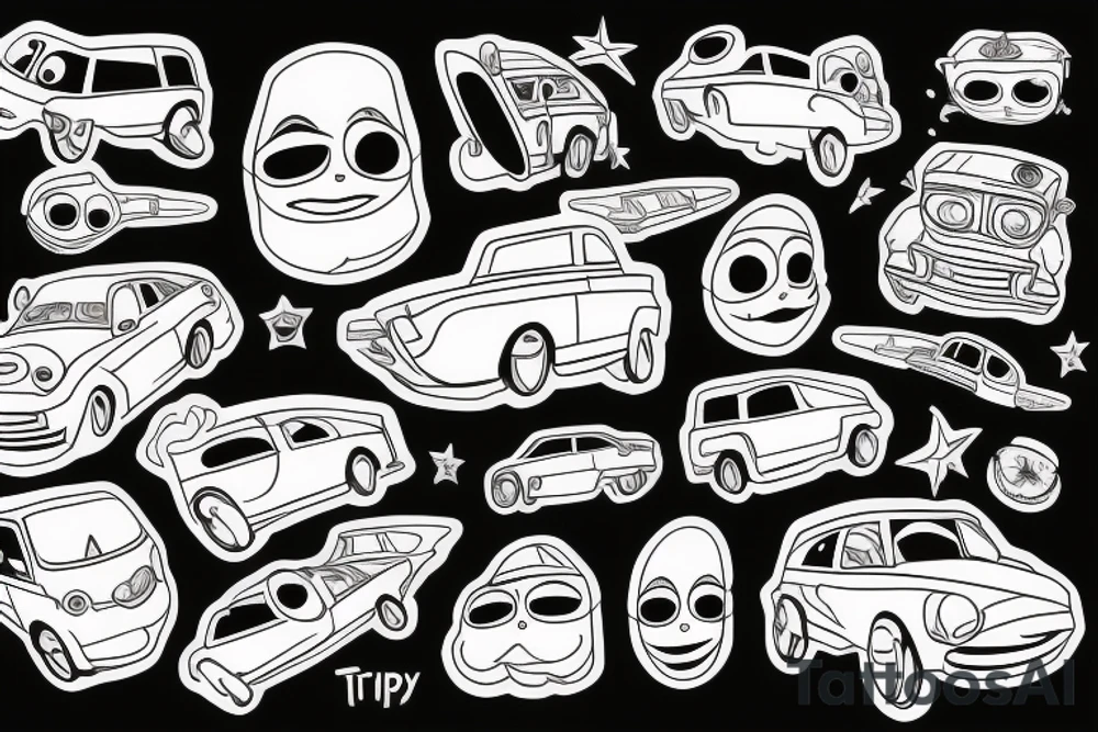 trippy guy driving a floating car tattoo idea