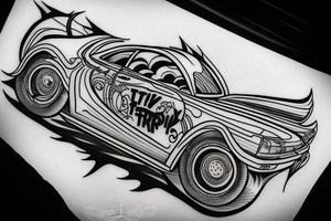 trippy guy driving a floating car tattoo idea