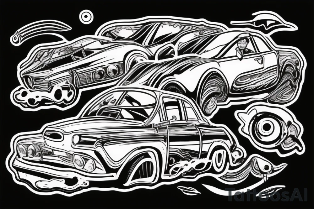 trippy guy driving a floating car tattoo idea