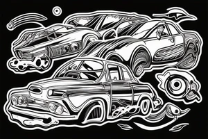 trippy guy driving a floating car tattoo idea