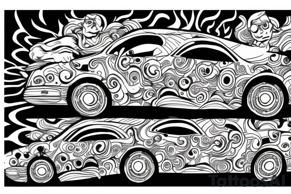 trippy guy driving a floating car tattoo idea