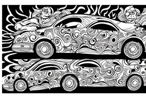 trippy guy driving a floating car tattoo idea