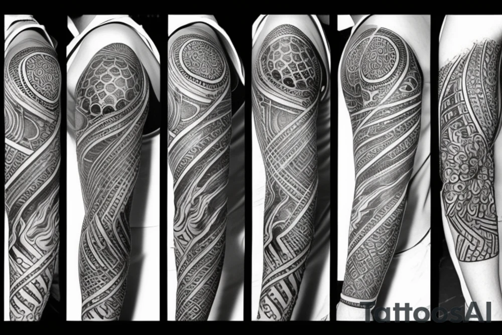 full arm tatoo, mystical, deep, coherent, varied tattoo idea