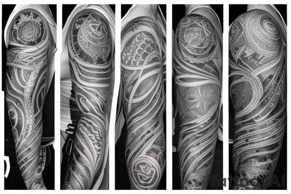 full arm tatoo, mystical, deep, coherent, varied, for women, badass, flowing across arm, feminine tattoo idea