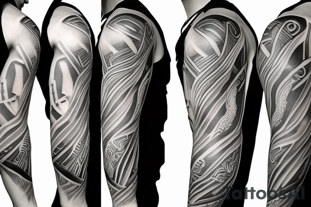 half sleeve with face of Zeus and greek stairs and lightning in the background tattoo idea