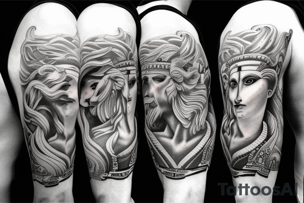 half sleeve with face of Zeus and greek stairs and lightning in the background tattoo idea