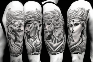 half sleeve with face of Zeus and greek stairs and lightning in the background tattoo idea