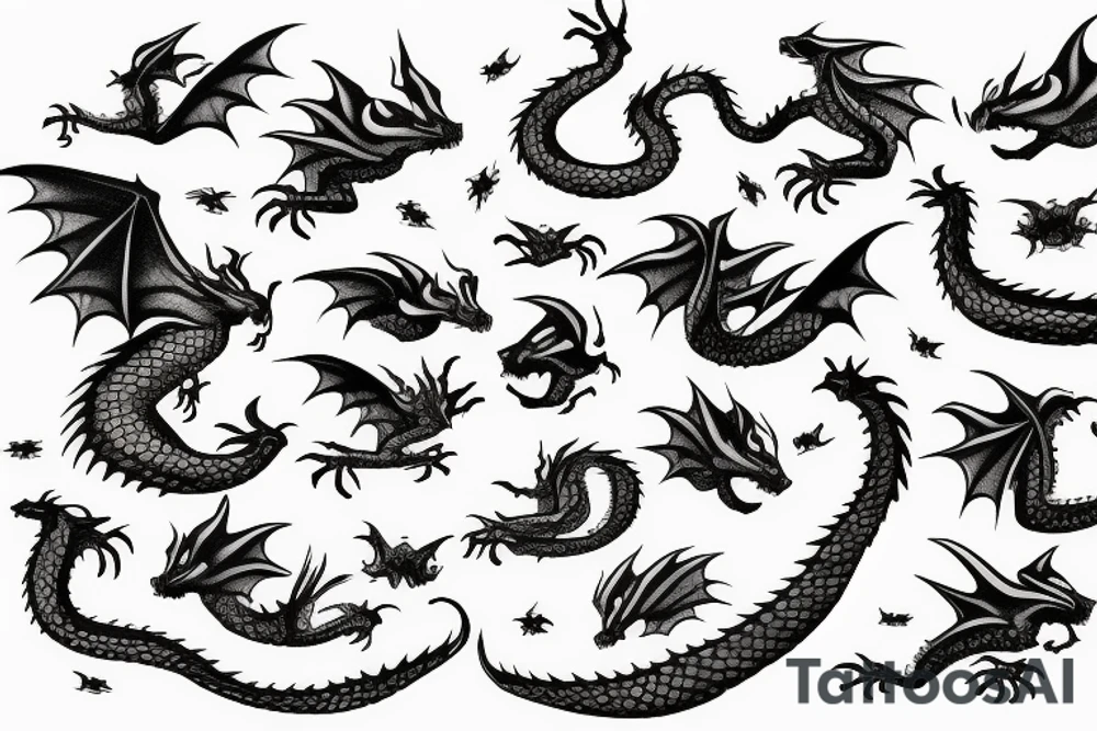 3 small dragons flying through clouds tattoo idea