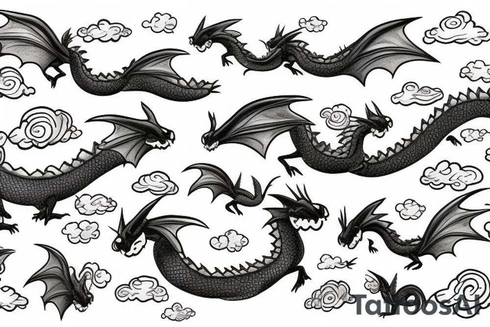 3 small dragons flying through clouds tattoo idea