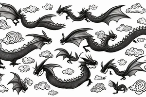 3 small dragons flying through clouds tattoo idea
