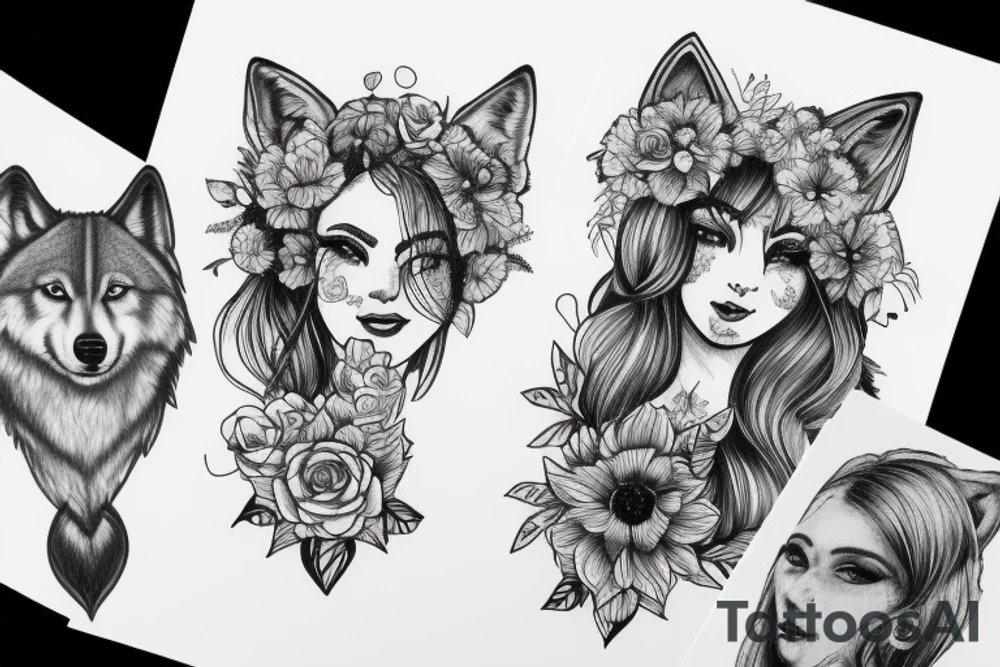 Woman with wolf head holding flower tattoo idea