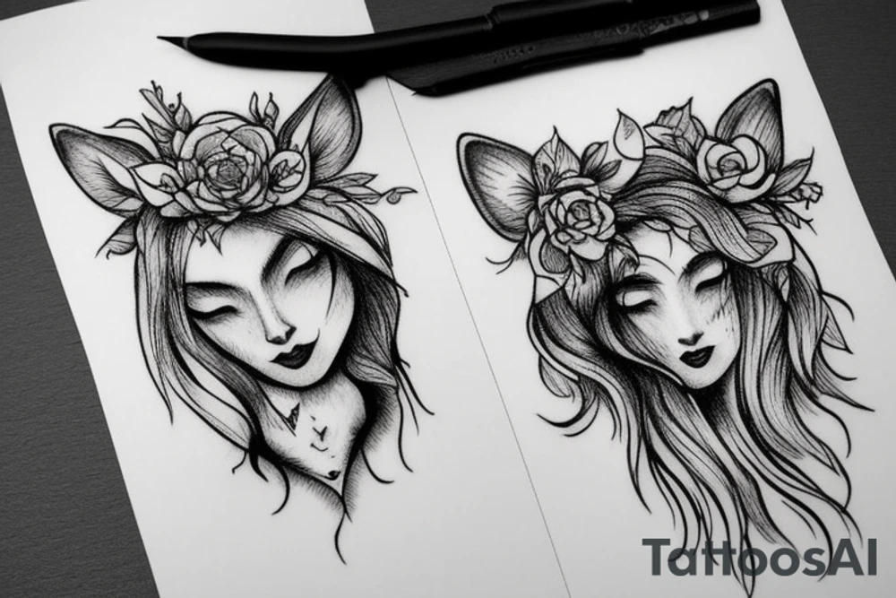 Woman with wolf head holding flower tattoo idea