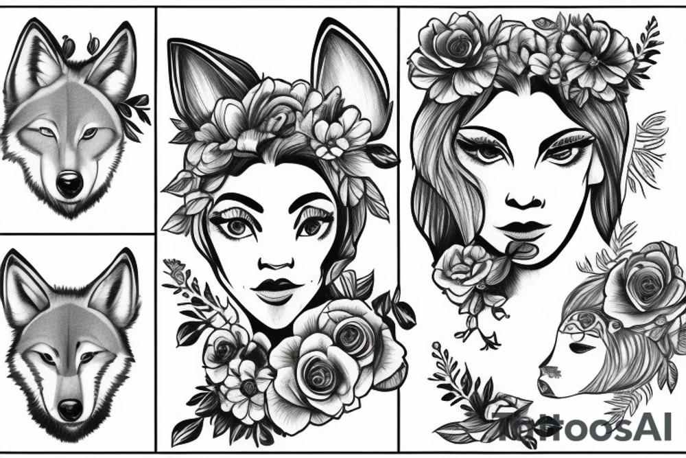 Woman with wolf head holding flower tattoo idea