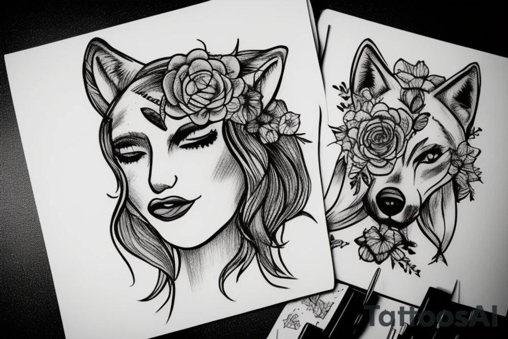 Woman with wolf head holding flower tattoo idea
