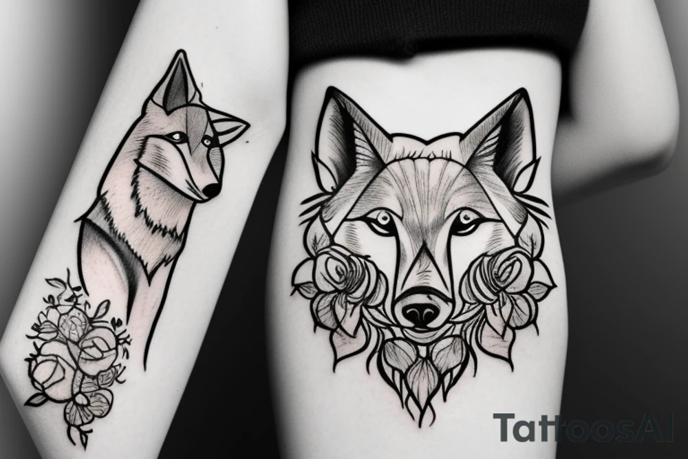 Woman with wolf head holding flower tattoo idea
