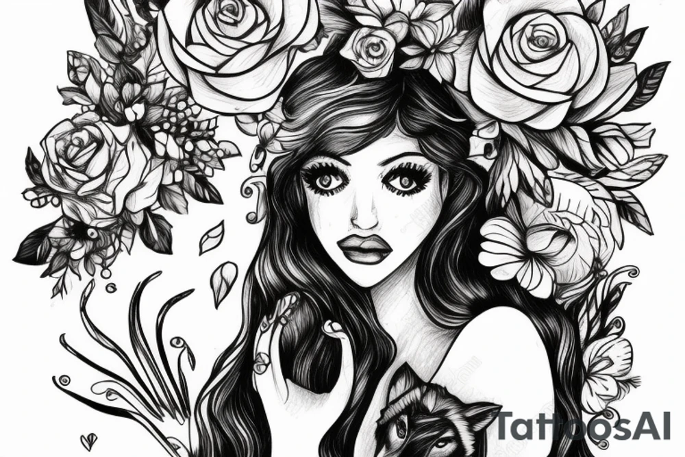 Woman with wolf head holding flower tattoo idea