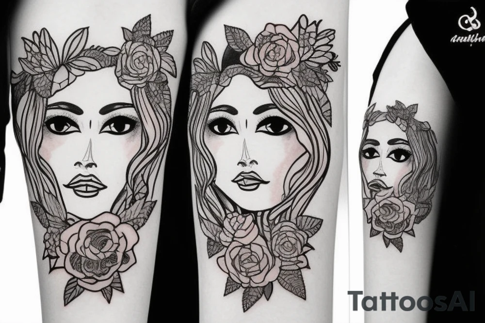 Woman with wolf head holding flower tattoo idea