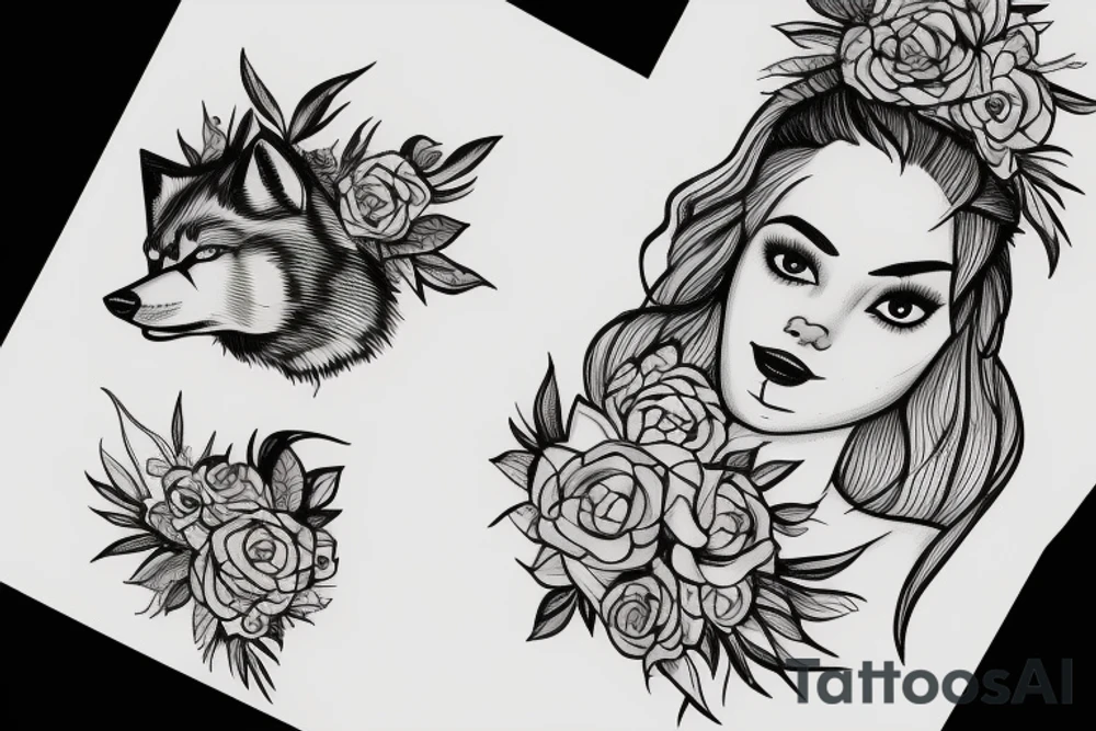 Woman with wolf head holding flower tattoo idea