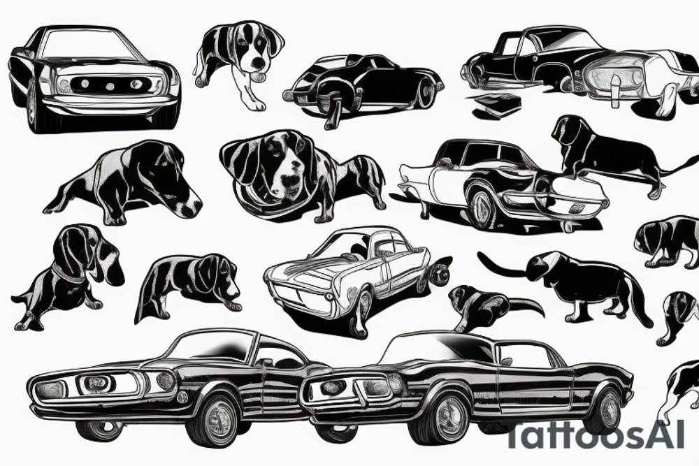 Beagle driving a mustang car tattoo idea