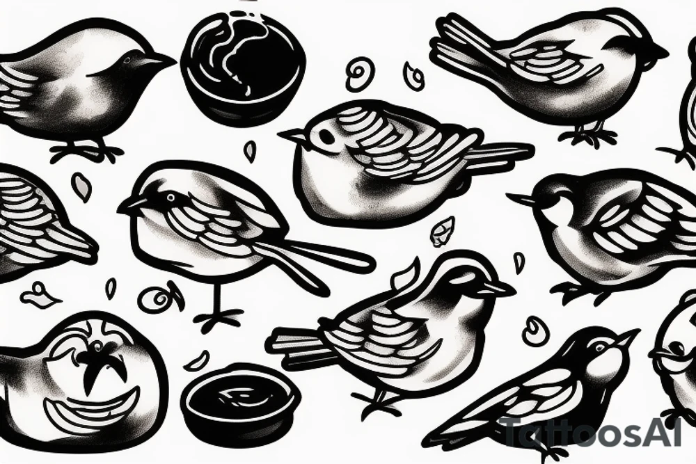 Fat bird eating pancakes tattoo idea