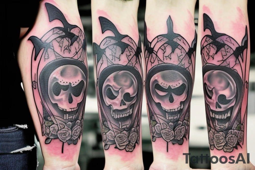 Pastel goth halloween themed tattoo with bats and pumpkins tattoo idea