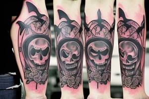 Pastel goth halloween themed tattoo with bats and pumpkins tattoo idea
