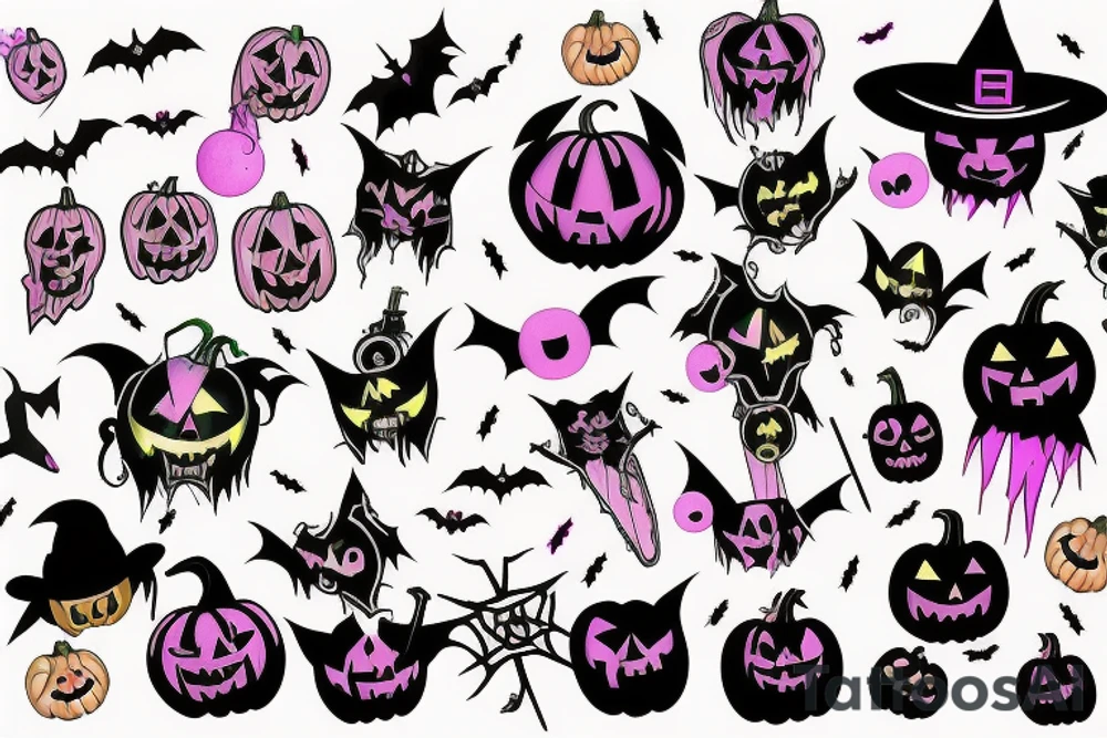 Pastel goth halloween themed tattoo with bats and pumpkins tattoo idea
