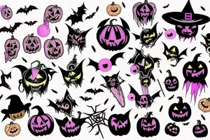 Pastel goth halloween themed tattoo with bats and pumpkins tattoo idea