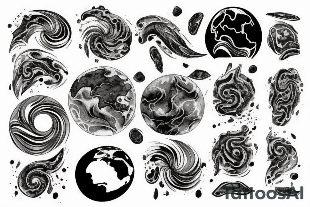 Melting earth with all continents which melts into movement swirls tattoo idea