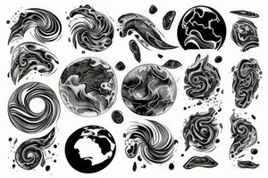 Melting earth with all continents which melts into movement swirls tattoo idea