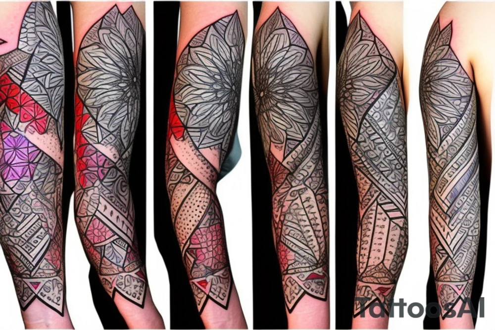 Geometric sleeve with flowers, flashes of colour and black tattoo idea