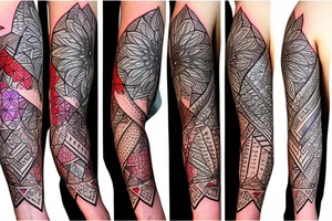 Geometric sleeve with flowers, flashes of colour and black tattoo idea