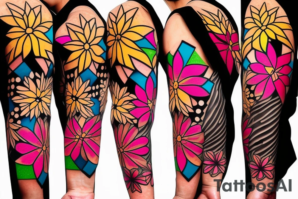 Geometric sleeve with flowers, flashes of colour and black tattoo idea