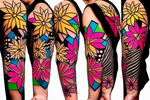 Geometric sleeve with flowers, flashes of colour and black tattoo idea