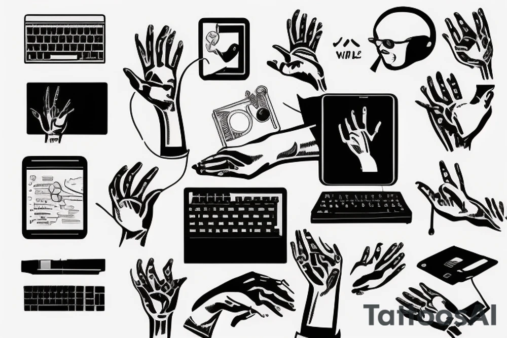a computer with hands and legs typing in a keyboard tattoo idea