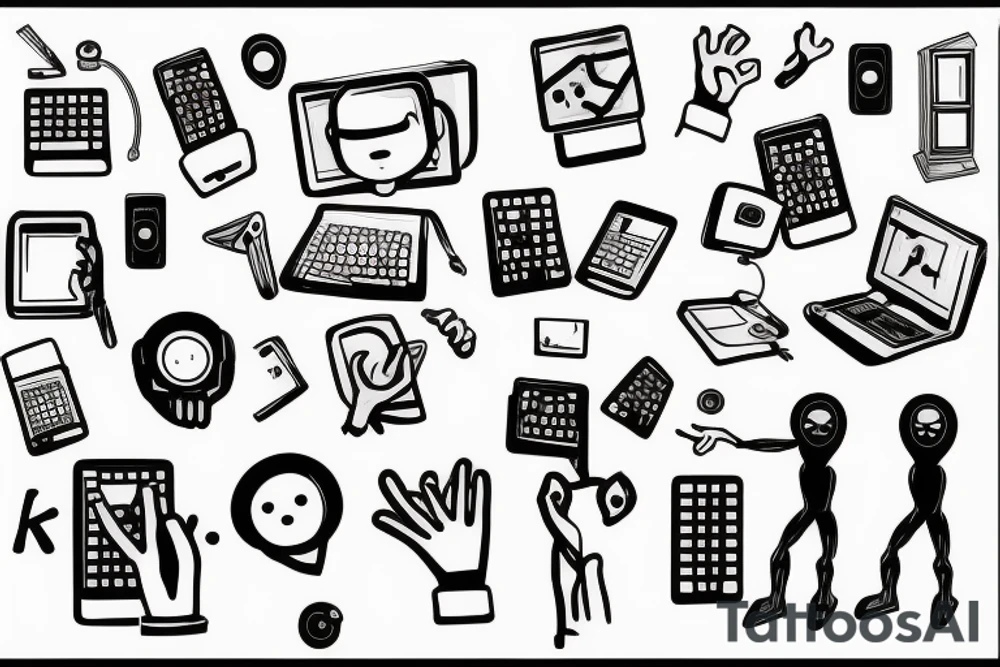 a computer with hands and legs typing in a keyboard tattoo idea