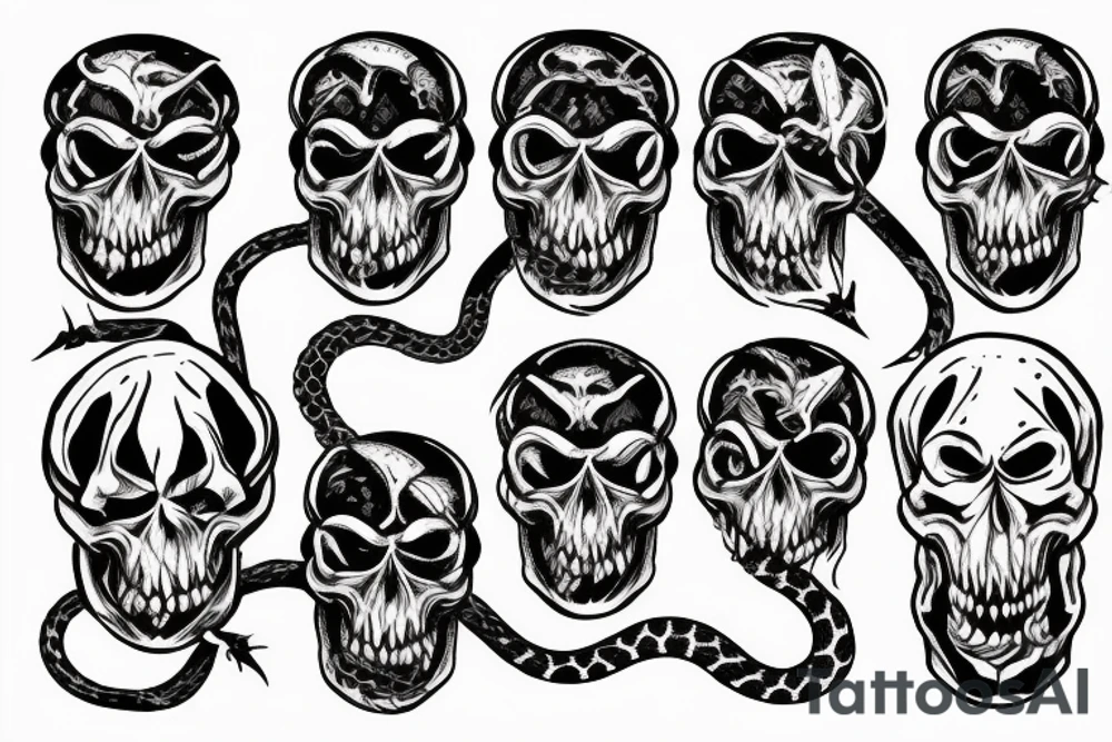 Evil skulls bunched together and in a pile with mean nasty snakes weaving in-between Anson top of them tattoo idea