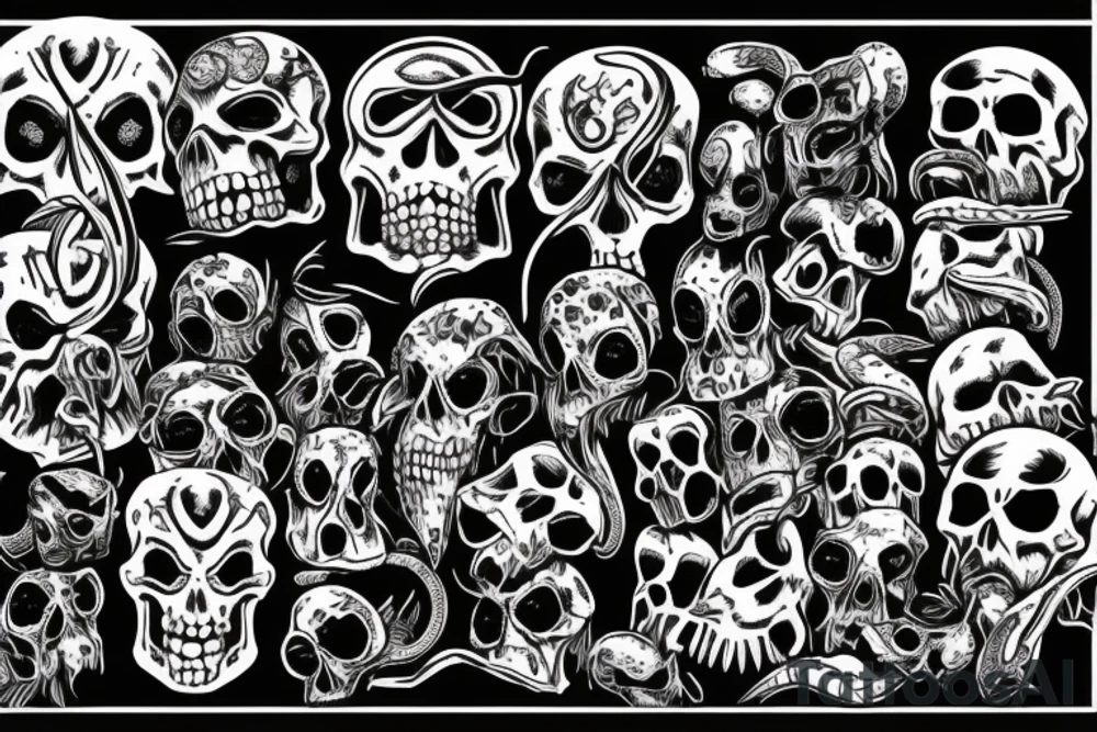 Evil skulls bunched together and in a pile with mean nasty snakes weaving in-between Anson top of them tattoo idea