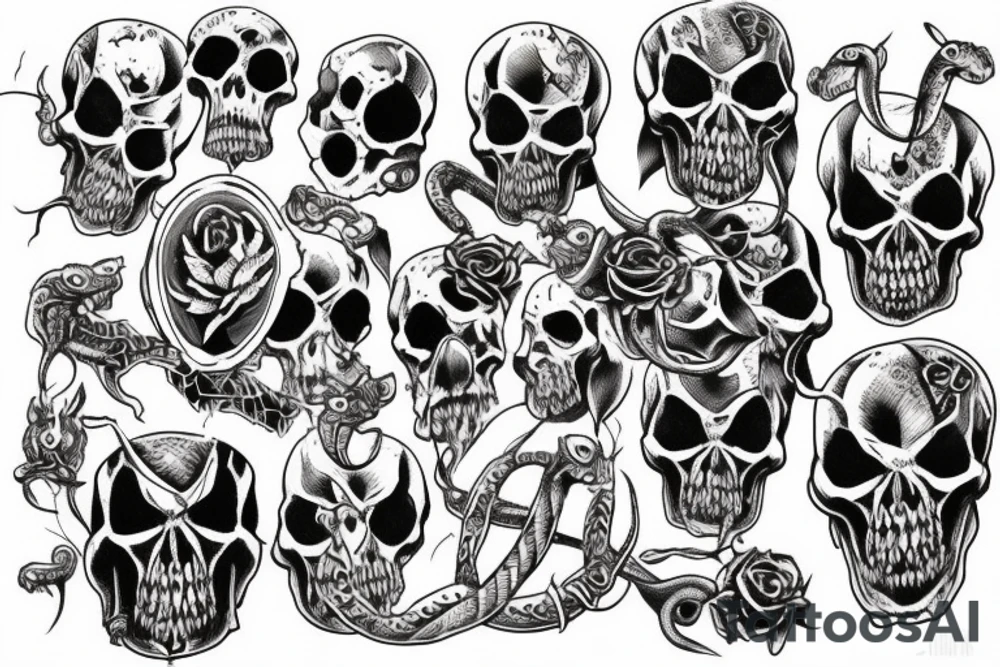 Evil skulls bunched together and in a pile with mean nasty snakes weaving in-between Anson top of them tattoo idea