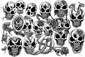 Evil skulls bunched together and in a pile with mean nasty snakes weaving in-between Anson top of them tattoo idea