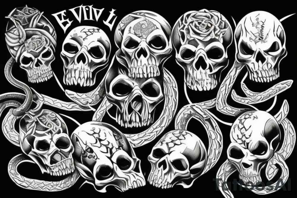 Evil skulls bunched together and in a pile with mean nasty snakes weaving in-between Anson top of them tattoo idea