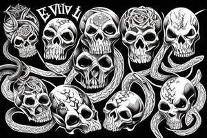 Evil skulls bunched together and in a pile with mean nasty snakes weaving in-between Anson top of them tattoo idea