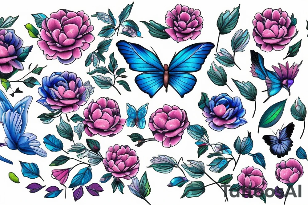 Peonies flowers blue butterfly and three colorful birds tattoo idea