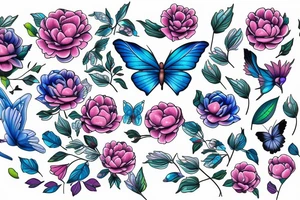 Peonies flowers blue butterfly and three colorful birds tattoo idea
