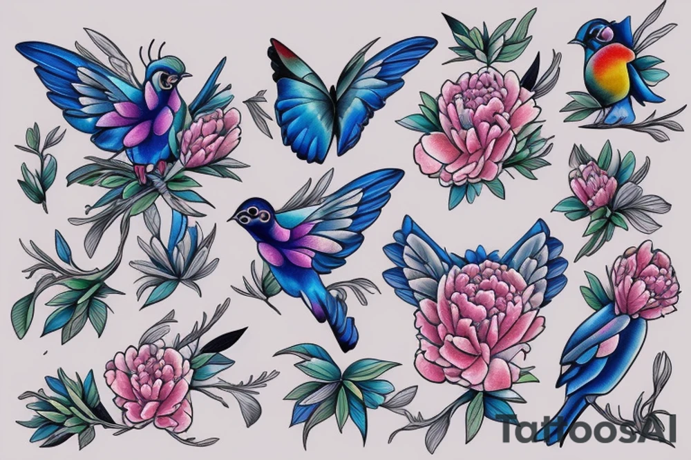 Peonies flowers blue butterfly and three colorful birds tattoo idea