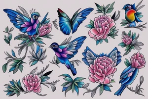 Peonies flowers blue butterfly and three colorful birds tattoo idea