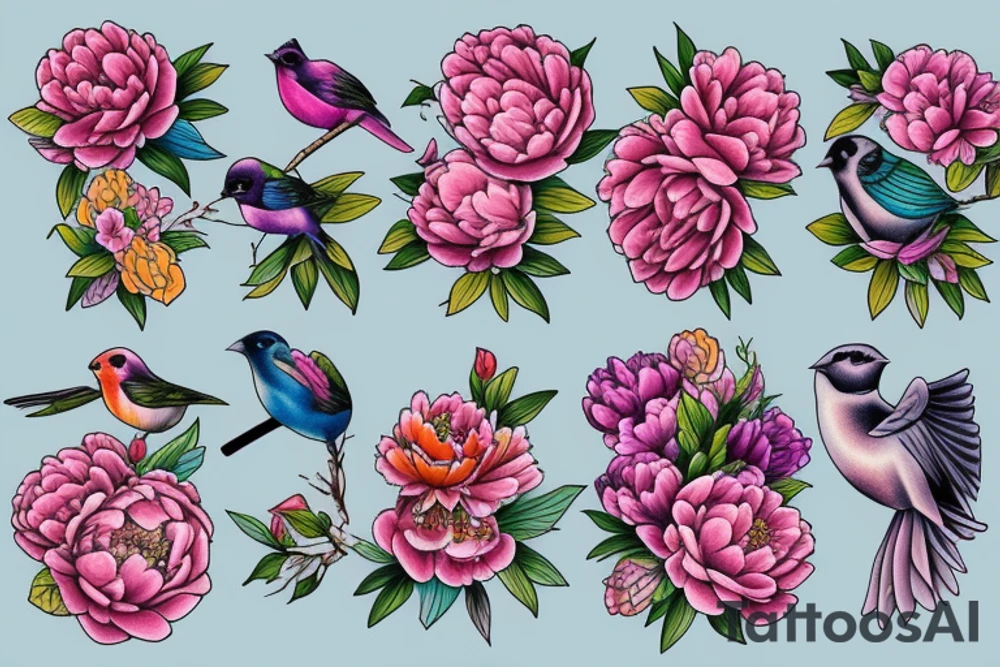 Peonies flowers and three colorful birds tattoo idea