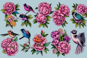 Peonies flowers and three colorful birds tattoo idea
