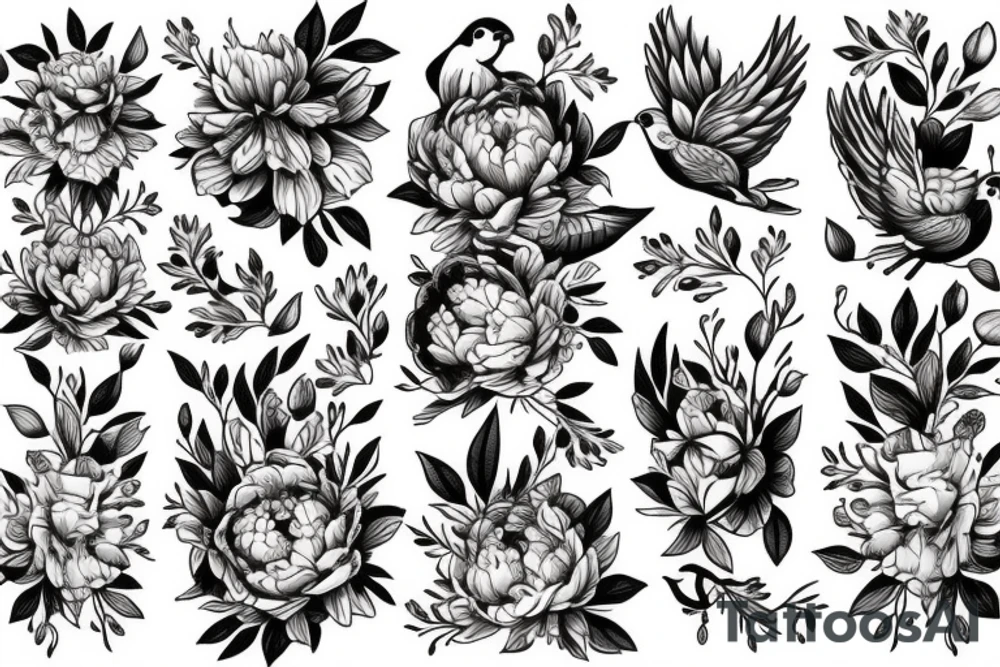 Peonies flowers and three colorful birds tattoo idea