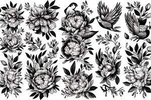 Peonies flowers and three colorful birds tattoo idea